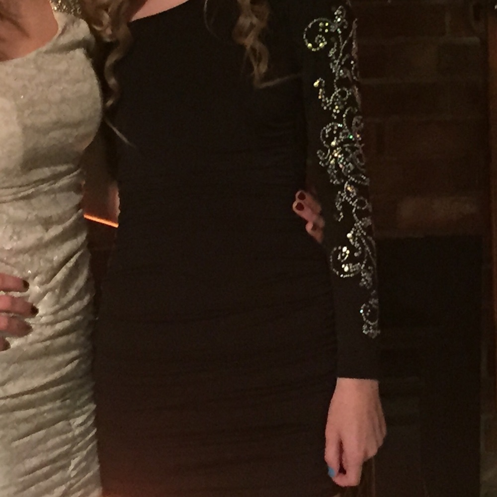 One sleeve black mini dress